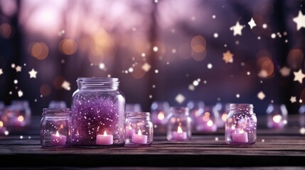 Fototapeta na wymiar a wooden table topped with lots of jars filled with purple candles next to a forest filled with lots of stars.
