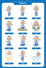 Baby actions set. 12 actions illustrated. Vector flat illustration. Cartoon people design. Suitable for animation, using in web, apps, books, education projects