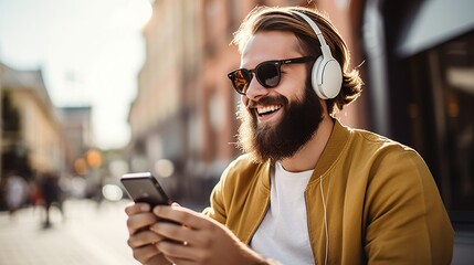 Young hipster with a light beard, enjoying music from his smartphone in wireless headphones on a stylish urban street - obrazy, fototapety, plakaty