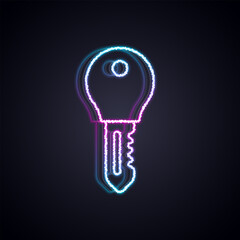 Glowing neon line Hotel door lock key icon isolated on black background. Vector