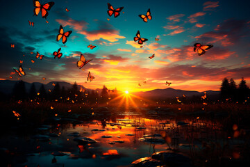 lots of flying beautiful butterflies