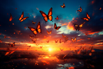 lots of flying beautiful butterflies - obrazy, fototapety, plakaty