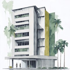 Watercolor painting of brazilian modernisn style house. AI generated illustration