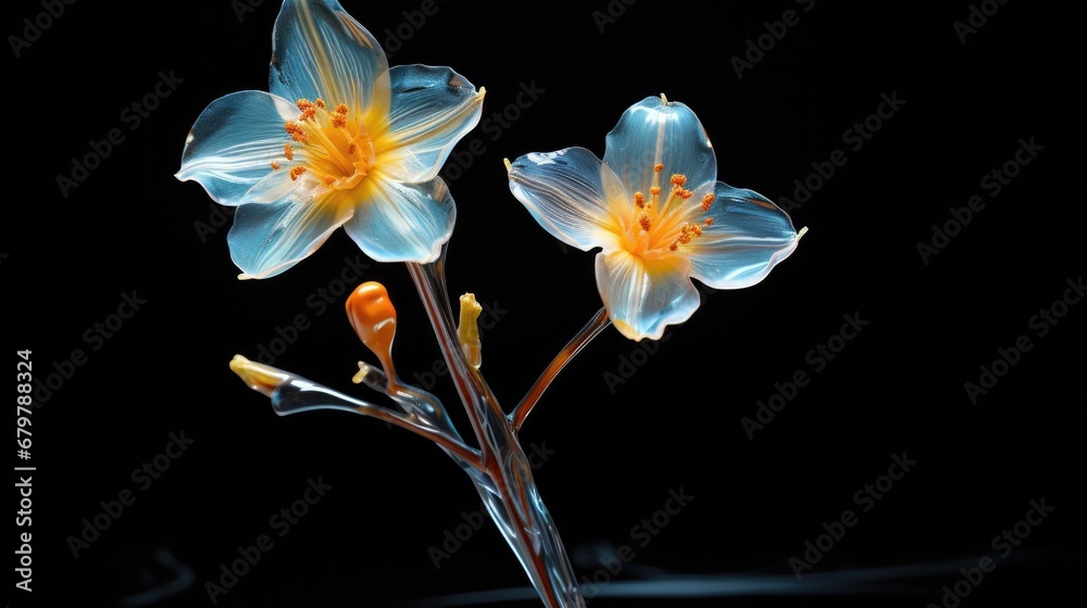 Wall mural a close up of two flowers on a black background with a blurry image of the flowers in the background