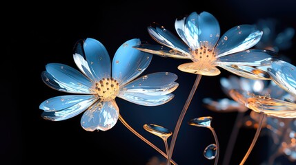  a close up of a blue flower with drops of water on the petals and on the stem of the flower.