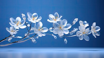  a bunch of white flowers sitting on top of a blue table next to a glass vase with water in it.