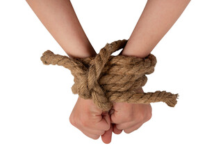 Hands tied with a strong jute rope in a knot on a white background. Hand with rope