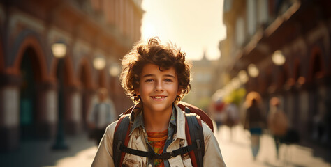 Naklejka premium A happy youngster walking to school is carrying a bag. Generative Ai.