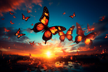 lots of flying beautiful butterflies - obrazy, fototapety, plakaty