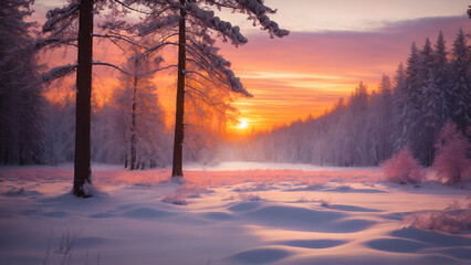 Beautiful sunset in winter forest