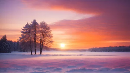 Foto op Plexiglas sunset in the forest , beautiful winter landscape with sunset © farzanehappy