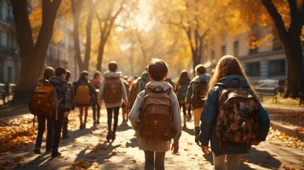 Children carry bags to school. Generative Ai.