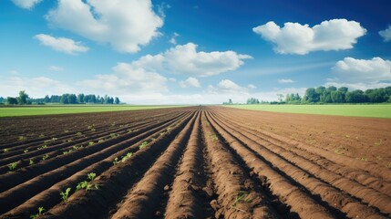 Furrows a plowed field prepared for planting crops in spring with clouds on blue sky in perspective. - obrazy, fototapety, plakaty