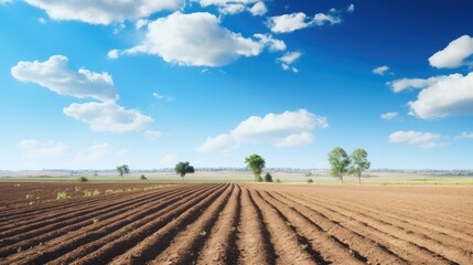 Fototapeta na wymiar Furrows a plowed field prepared for planting crops in spring with clouds on blue sky in perspective.
