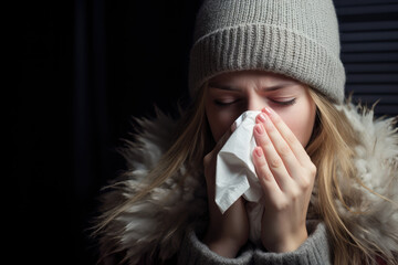 Sick woman with flu sneezing into tissue - obrazy, fototapety, plakaty