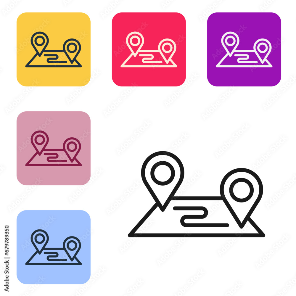 Poster black line route location icon isolated on white background. map pointer sign. concept of path or ro