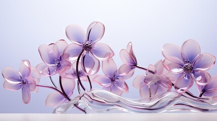  a glass vase filled with purple flowers on top of a white counter top in front of a blue and white background.
