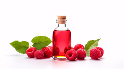 A bottle of raspberry-scented oil on a milky backdrop.