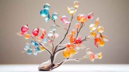  a sculpture of a tree with multicolored flowers on it's branches and a gray wall in the background.