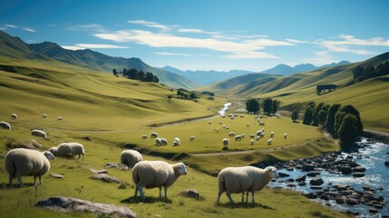 Verdant rolling hills, Idyllic countryside with grazing sheep and vibrant meadows.