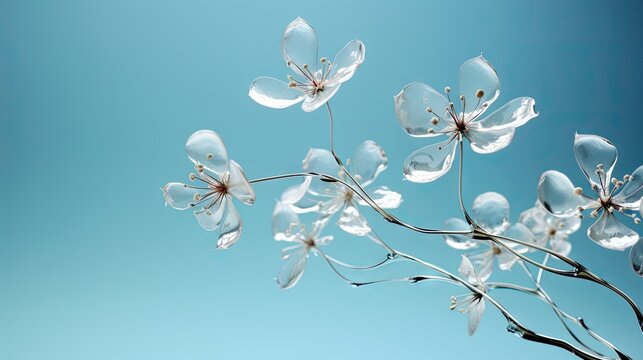 a close up of a white flower on a branch with a blue sky in the backgrounnd of the picture.