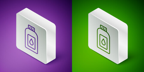 Isometric line Canister for motor machine oil icon isolated on purple and green background. Oil gallon. Oil change service and repair. Silver square button. Vector