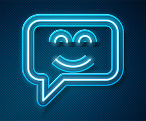 Obraz premium Glowing neon line Smile face icon isolated on blue background. Smiling emoticon. Happy smiley chat symbol. Vector