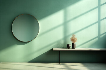 Modern minimalist design interior with green walls and mirror decor