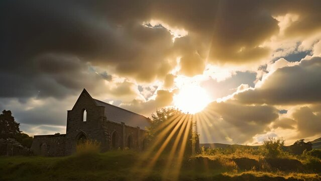 The suns rays seem to reach through the storm clouds, as if offering a guiding hand towards the church below.