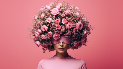 
Retro portrait of a woman-instead of a face,she carries a huge bouquet of fresh flowers, her gaze hidden behind a mask gifted to her by a man.The concept revolves around surprises, love, and happines - obrazy, fototapety, plakaty