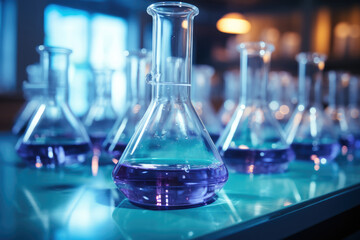 Laboratory testing equipment in glass beakers.