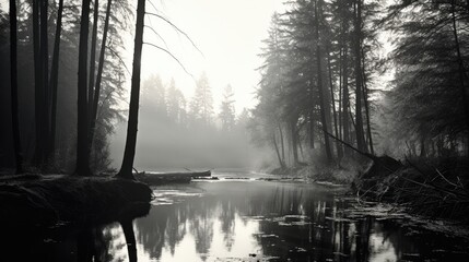  a black and white photo of a river in the middle of a forest with a foggy sky in the background.