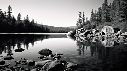  a black and white photo of a lake with rocks in the foreground and pine trees in the back ground.