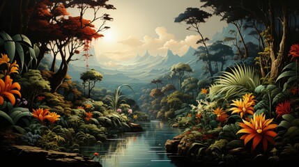  a painting of a river running through a lush green forest filled with trees and flowers with a mountain range in the background. - obrazy, fototapety, plakaty