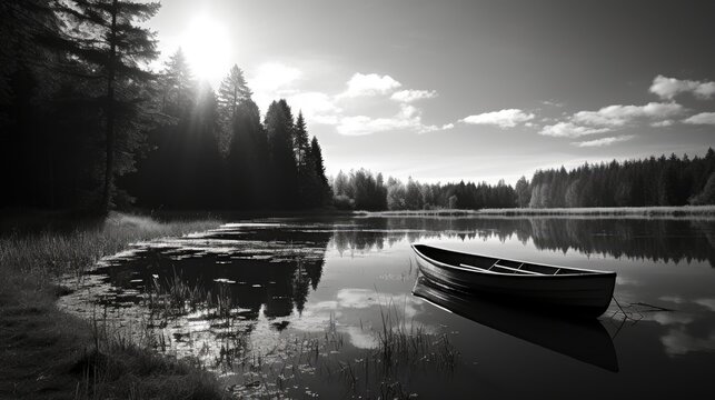  a black and white photo of a boat on a lake with trees in the background and the sun shining through the clouds. © Shanti