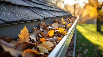 Cleaning the gutter from autumn leaves before winter season - obrazy, fototapety, plakaty