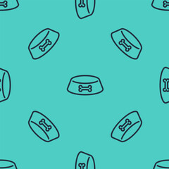 Black line Pet food bowl for cat or dog icon isolated seamless pattern on green background. Dog or cat paw print. Vector