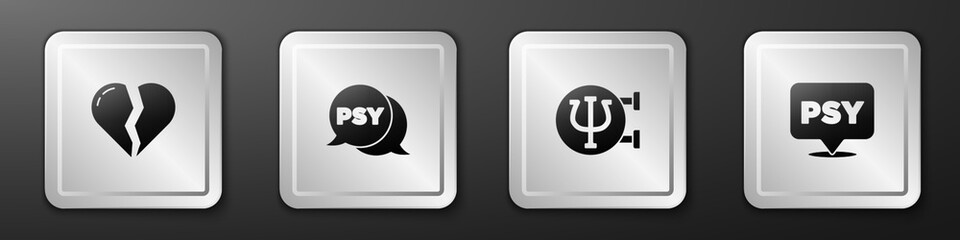 Set Broken heart or divorce, Psychology, Psi, and icon. Silver square button. Vector