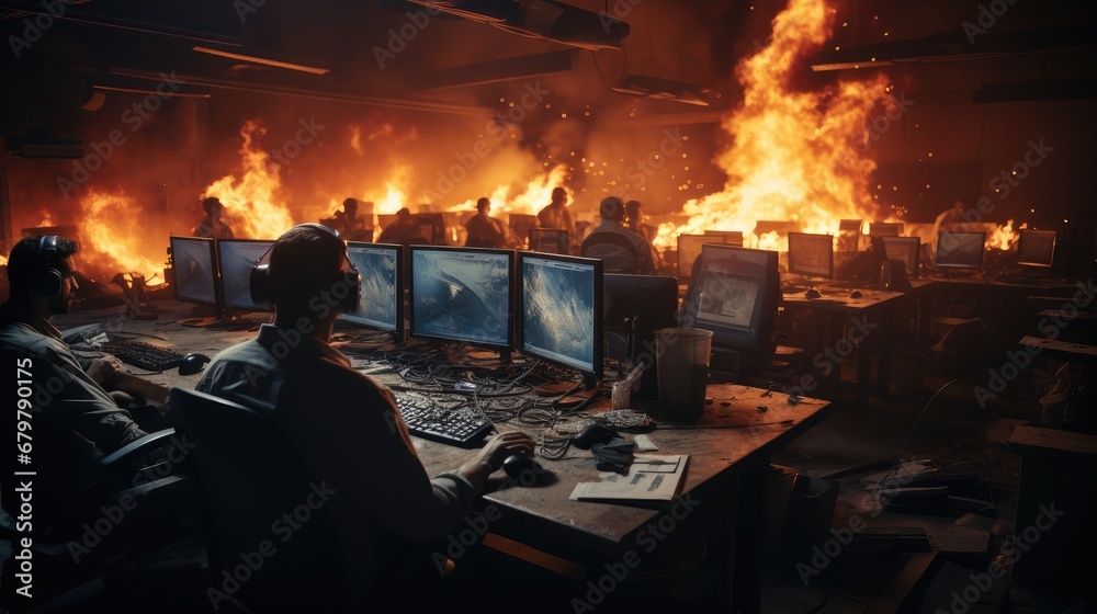 Poster A bunch of operators of a computer system in a crisis situation with fires and nothing working to plan.