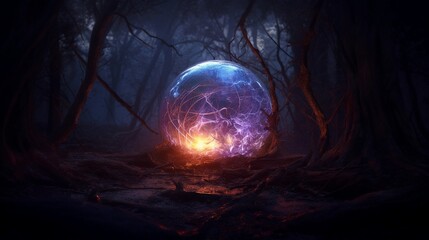 Eine magische Glaskugel im dunkelem Wald.