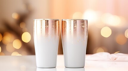  a close up of two cups on a table with a blurry background of lights in the backround.