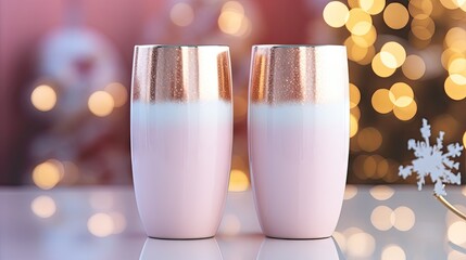  a close up of two glasses on a table with a snowflake in the background and a snowflake in the foreground.