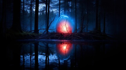 Ein mystisches, leuchtendes Objekt im dunkelem Wald. Es spiegelt sich im See.