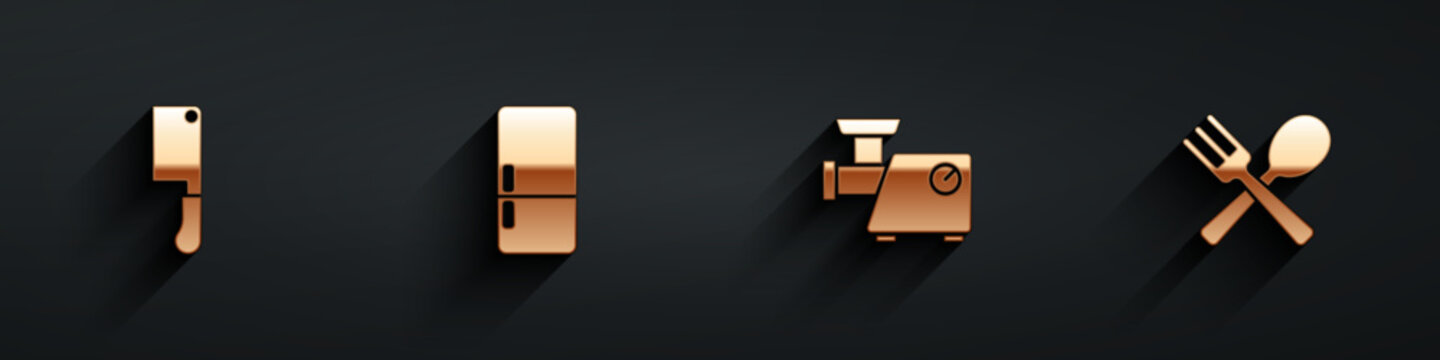 Set Meat chopper, Refrigerator, Kitchen meat grinder and Crossed fork and spoon icon with long shadow. Vector