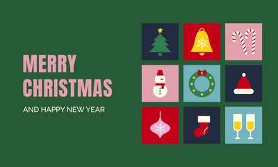 Christmas banner, greeting card in modern style. Happy New Year. Christmas elements in flat cartoon style