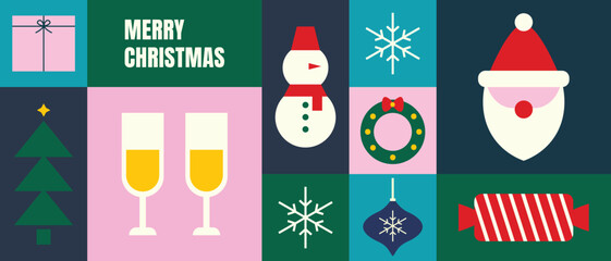 Merry Christmas colorful design for greeting cards, banners, covers in modern minimalistic geometric style. Holiday elements 