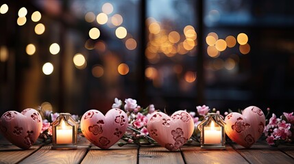  a group of heart shaped candles sitting on top of a wooden table next to a vase filled with pink flowers.