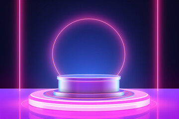 A glowing neon lamp illuminates a futuristic 3D geometric room with a cylinder pedestal podium overlapped with mockup product displays for promotion.