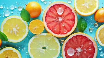  a group of grapefruits, lemons, and oranges with water droplets on a blue background.