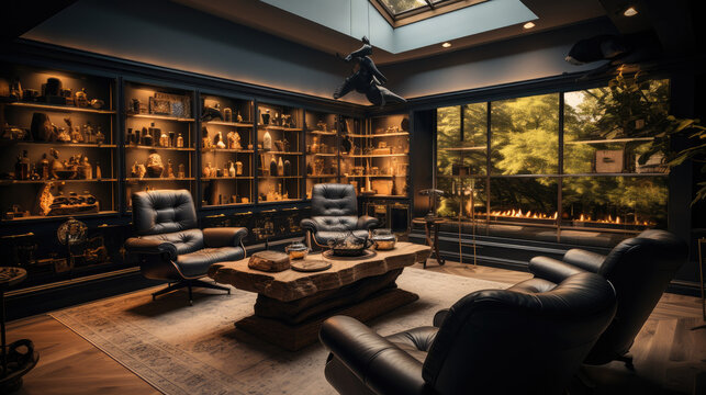 A luxury lounge room for relaxing, Smoking cigars and drinking with a wine fridge adjustable temperature in a modern.